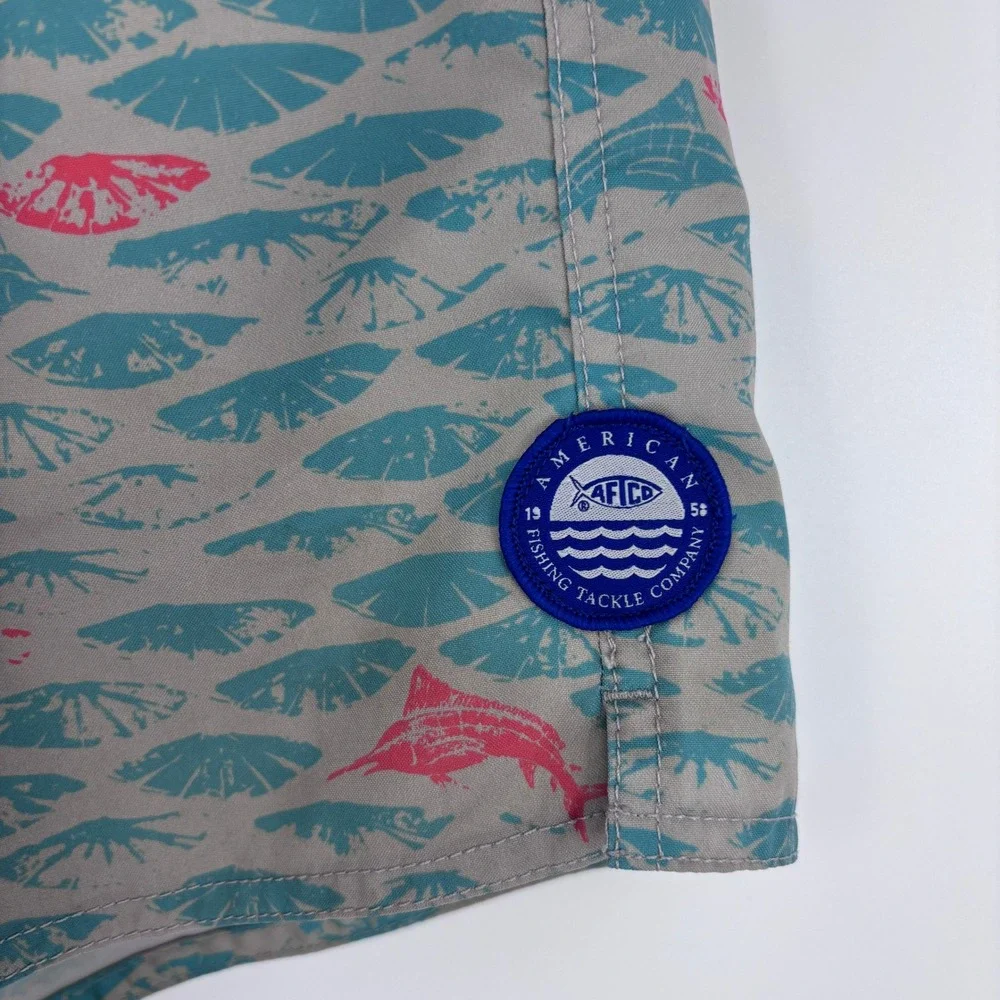 AFTCO Swim‎ Trunks Mens S Tan Green Pink Fish Print Boatbar Shorts Fishing Beach